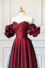 Burgundy Satin Tulle Long Corset Prom Dress, Off Shoulder Evening Party Dress Outfits, Wedding