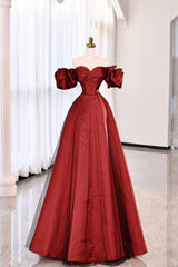 Burgundy Satin Tulle Long Corset Prom Dress, Off the Shoulder Evening Party Dress Outfits, Prom Dress With Sleeve