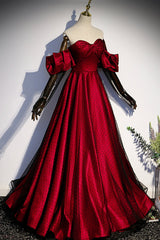 Burgundy Satin Tulle Long Corset Prom Dress, Off the Shoulder Corset Formal Evening Dress outfit, Evening Dresses 09