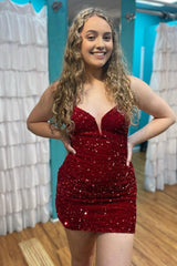 Burgundy Sequins Glitter Corset Homecoming Dress with Lace-up Back Gowns, Burgundy Sequins Glitter Homecoming Dress with Lace-up Back
