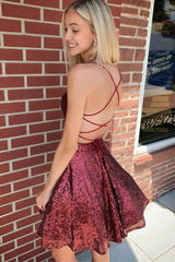 Burgundy Sequins Corset Homecoming Dress with Criss Cross Back Gowns, Burgundy Sequins Homecoming Dress with Criss Cross Back