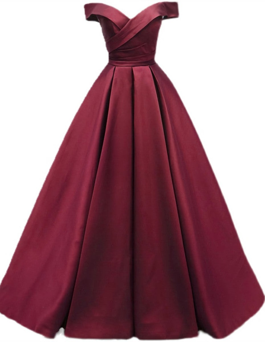 Burgundy Simple A-line Floor Length Satin Off Shoulder Party Dress, Long Evening Dress outfit, Bridesmaid Dresses Fall Wedding