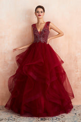Burgundy Sleeveless Aline Puffy Tulle Corset Prom Dresses with Sequins Gowns, Prom Dresses 2050 Fashion Outfits