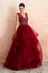 Burgundy Sleeveless Aline Puffy Tulle Corset Prom Dresses with Sequins Gowns, Prom Dress Cute