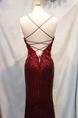 Burgundy Spaghetti Straps Sheath Sequins Corset Prom Dress with Appliques Gowns, Burgundy Spaghetti Straps Sheath Sequins Prom Dress with Appliques