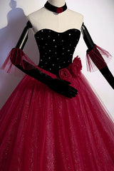 Burgundy Strapless Tulle Long Corset Prom Dress, A-Line Evening Party Dress Outfits, Formal Dress Australia