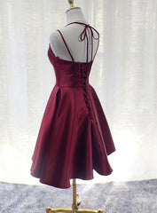 Burgundy Straps V-neckline Short Party Dress , Lovely Satin Corset Homecoming Dress outfit, Prom Dressed A Line