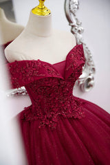 Burgundy Sweet 16 Corset Formal Gown with Lace, Off the Shoulder Corset Prom Dress Party Dress Outfits, Long Sleeve Prom Dress