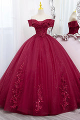Burgundy Sweet 16 Corset Formal Gown with Lace, Off the Shoulder Corset Prom Dress Party Dress Outfits, Slip Dress Outfit