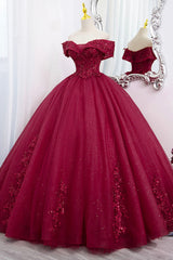 Burgundy Sweet 16 Corset Formal Gown with Lace, Off the Shoulder Corset Prom Dress Party Dress Outfits, Aesthetic Dress