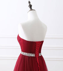 Burgundy Sweet Neck Tulle Long Corset Prom Gown, Burgundy Evening Dress outfit, Off Shoulder Prom Dress