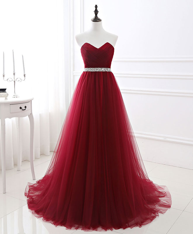 Burgundy Sweet Neck Tulle Long Corset Prom Gown, Burgundy Evening Dress outfit, Princess Prom Dress