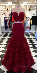 Burgundy sweetheart mermaid long Corset Prom dress, burgundy evening dress outfit, Evening Dress With Sleeve