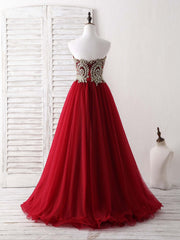 Burgundy Sweetheart Neck Lace Applique Tulle Long Corset Prom Dresses outfit, Bridesmaid Dress Burgundy