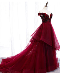 Burgundy Sweetheart Off Shoulder Tulle Long Corset Prom Dress Tulle Corset Formal Dress outfit, Prom Dress Colorful