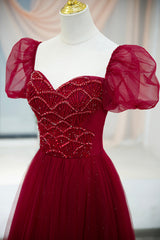 Burgundy Tulle Beaded Long Corset Prom Dress, A-Line Short Sleeve Evening Dress outfit, Sequin Dress