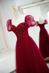 Burgundy Tulle Beaded Long Corset Prom Dress, A-Line Short Sleeve Evening Dress outfit, Wedding Pictures