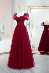 Burgundy Tulle Beaded Long Corset Prom Dress, A-Line Short Sleeve Evening Dress outfit, Country Wedding Dress