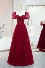 Burgundy Tulle Beaded Long Corset Prom Dress, A-Line Short Sleeve Evening Dress outfit, Wedding Guest