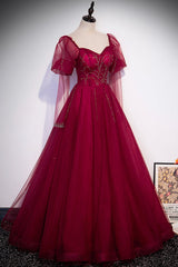 Burgundy Tulle Beaded Long Sleeve Corset Prom Dress, A-Line Evening Graduation Dress outfits, Bridesmaids Dressing Gowns