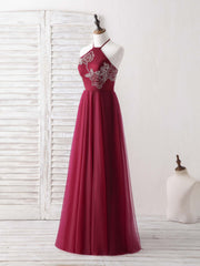 Burgundy Tulle Beads Long Corset Prom Dress Burgundy Evening Dress outfit, Bridesmaid Dress With Sleeve