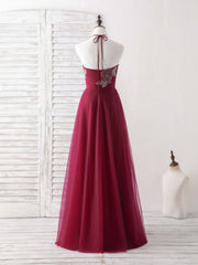 Burgundy Tulle Beads Long Corset Prom Dress Burgundy Evening Dress outfit, Bridesmaid Dresses With Sleeve