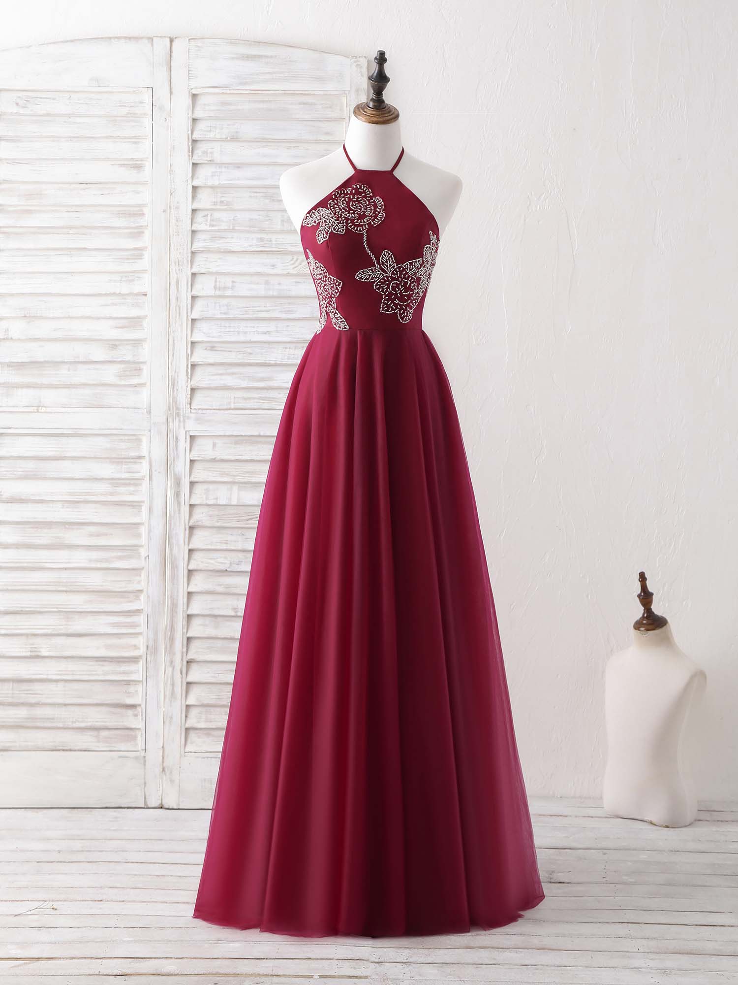 Burgundy Tulle Beads Long Corset Prom Dress Burgundy Evening Dress outfit, Bridesmaids Dress Short