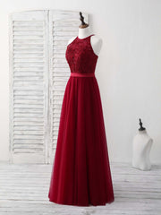Burgundy Tulle Lace Long Corset Prom Dress, Burgundy Corset Bridesmaid Dress outfit, Party Dresses Online Shopping