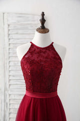 Burgundy Tulle Lace Long Corset Prom Dress, Burgundy Corset Bridesmaid Dress outfit, Party Dress Online Shopping