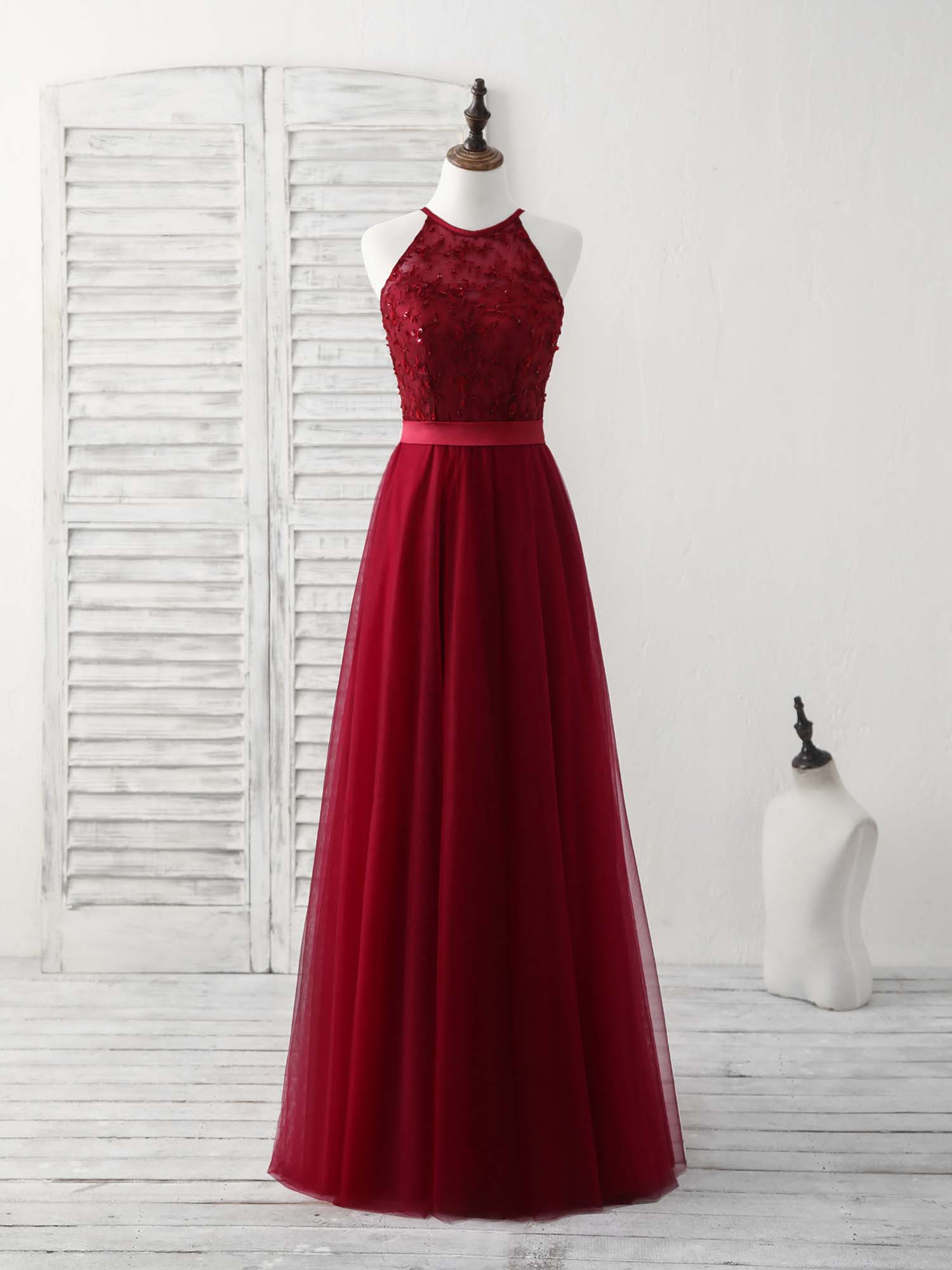 Burgundy Tulle Lace Long Corset Prom Dress, Burgundy Corset Bridesmaid Dress outfit, Party Dresses And Tops
