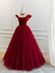 Burgundy tulle lace long Corset Prom dress, burgundy tulle evening dress outfit, Prom Dress Sites