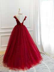 Burgundy tulle lace long Corset Prom dress, burgundy tulle evening dress outfit, Prom Dresses Affordable