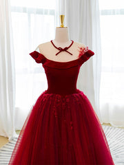 Burgundy tulle lace long Corset Prom dress, burgundy tulle evening dress outfit, Prom Dress Affordable