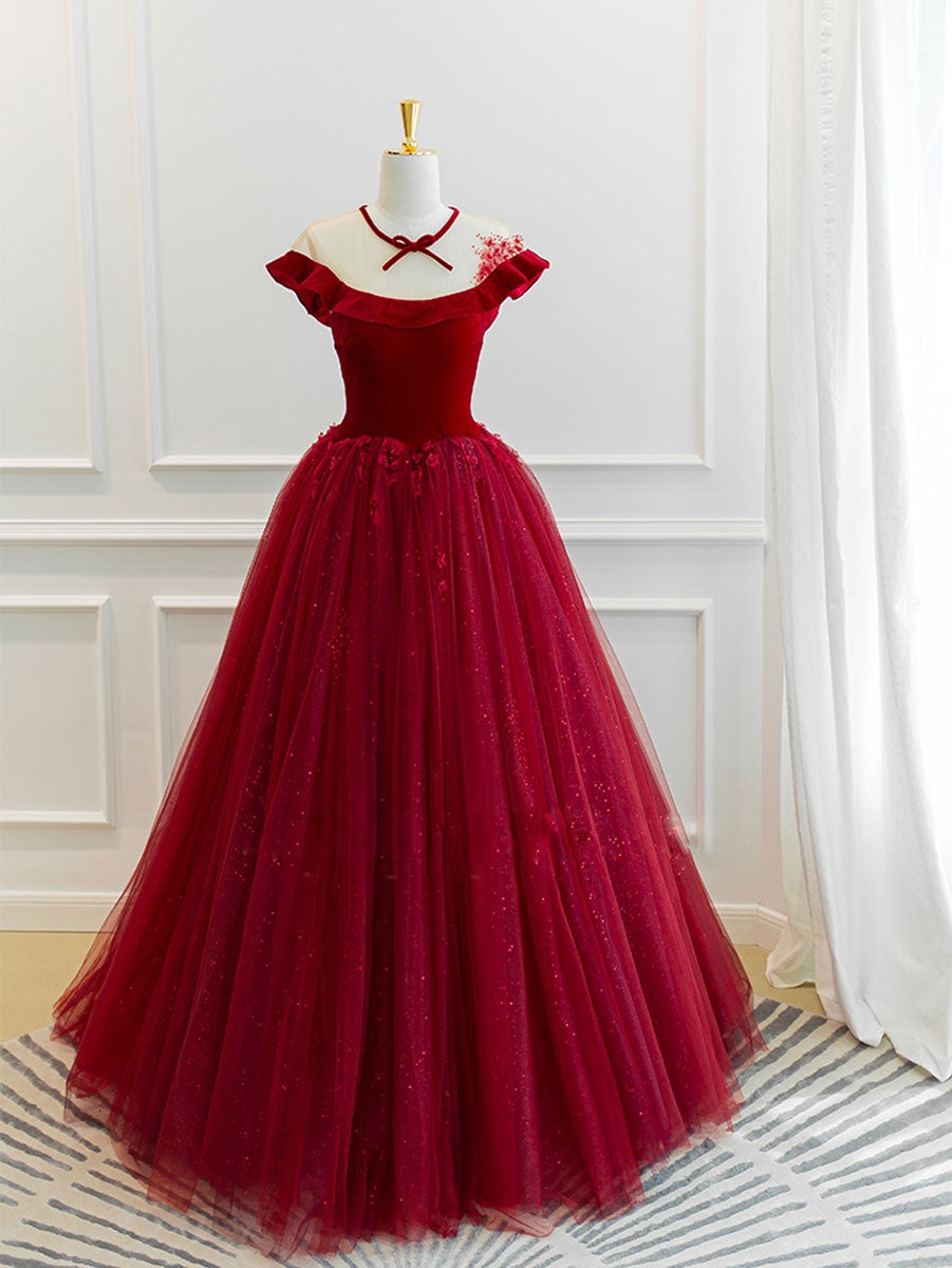 Burgundy tulle lace long Corset Prom dress, burgundy tulle evening dress outfit, Prom Dresses Sites