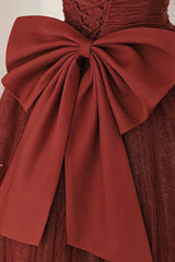 Burgundy Tulle Long A-Line Corset Prom Dress, Cute Short Sleeve Evening Dress outfit, Bridesmaids Dresses Burgundy
