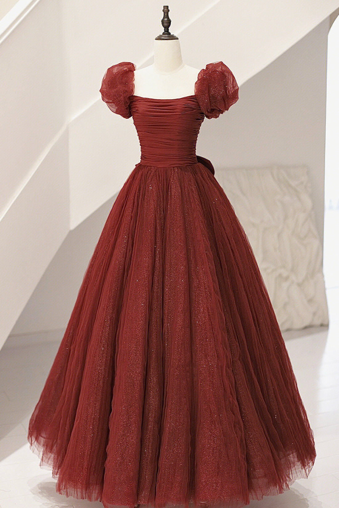 Burgundy Tulle Long A-Line Corset Prom Dress, Cute Short Sleeve Evening Dress outfit, Wedding Ideas