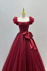 Burgundy Tulle Long A-Line Corset Prom Dress, Lovely Evening Graduation Dress outfits, Prom Dress Red