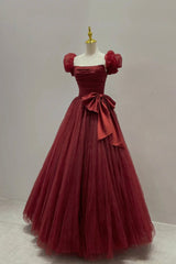 Burgundy Tulle Long A-Line Corset Prom Dress, Lovely Evening Graduation Dress outfits, Prom Dresses Red