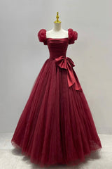 Burgundy Tulle Long A-Line Corset Prom Dress, Lovely Evening Graduation Dress outfits, Prom Dress Sales