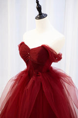 Burgundy Tulle Long Corset Prom Dress with Beaded, Burgundy Off Shoulder Evening Dress outfit, Bridesmaids Dresses Colorful