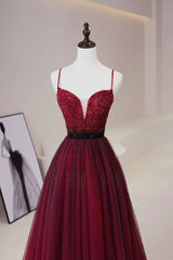 Burgundy Tulle Long Corset Prom Dress with Beaded, Spaghetti Straps Evening Dress outfit, Formal Dresses For Ladies Over 59