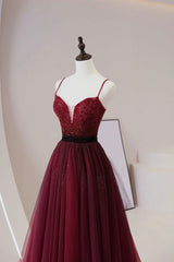 Burgundy Tulle Long Corset Prom Dress with Beaded, Spaghetti Straps Evening Dress outfit, Light Blue Dress