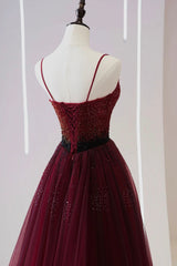 Burgundy Tulle Long Corset Prom Dress with Beaded, Spaghetti Straps Evening Dress outfit, Ruffle Dress