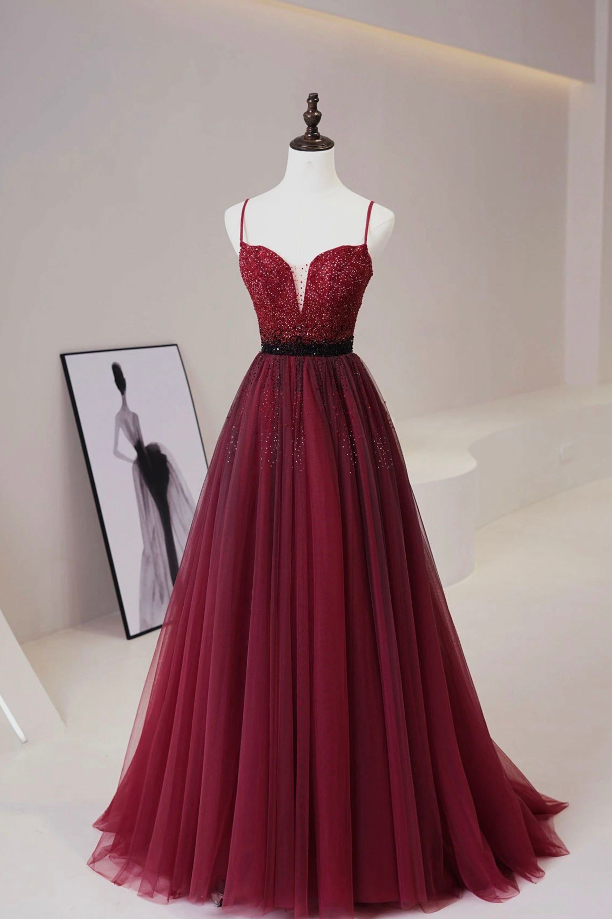 Burgundy Tulle Long Corset Prom Dress with Beaded, Spaghetti Straps Evening Dress outfit, Black Gown