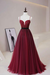 Burgundy Tulle Long Corset Prom Dress with Beaded, Spaghetti Straps Evening Dress outfit, Black Gown