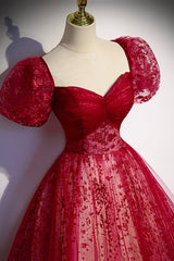 Burgundy Tulle Long Corset Prom Dress with Sequins, A-Line Short Sleeve Evening Dress outfit, Evening Dress 1929