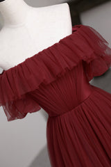 Burgundy Tulle Off the Shoulder Corset Prom Dress, Long A-Line Evening Dress outfit, Dress