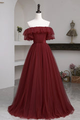 Burgundy Tulle Off the Shoulder Corset Prom Dress, Long A-Line Evening Dress outfit, Prom Dresses Gold