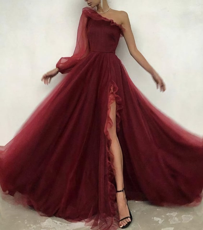 Burgundy tulle Corset Prom dress one shoulder evening dress outfit, Floral Prom Dress