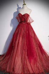 Burgundy Tulle Strapless Floor Length Corset Prom Dress, A-Line Evening Graduation Dress outfits, Prom Dresses Patterned